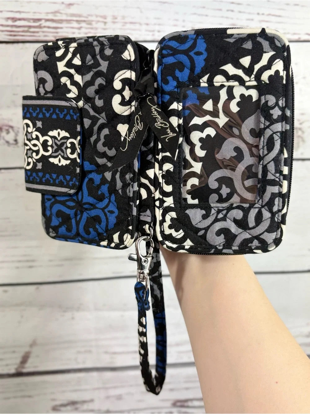 Retired Vera Bradley Canterberry Black and Blue Wrist Wallet and ID Holder